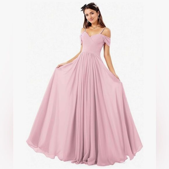 AZJINCOS A-Line Ruched Off-Shoulder Floor Length Chiffon Formal Gown Dress S - Picture 3 of 7